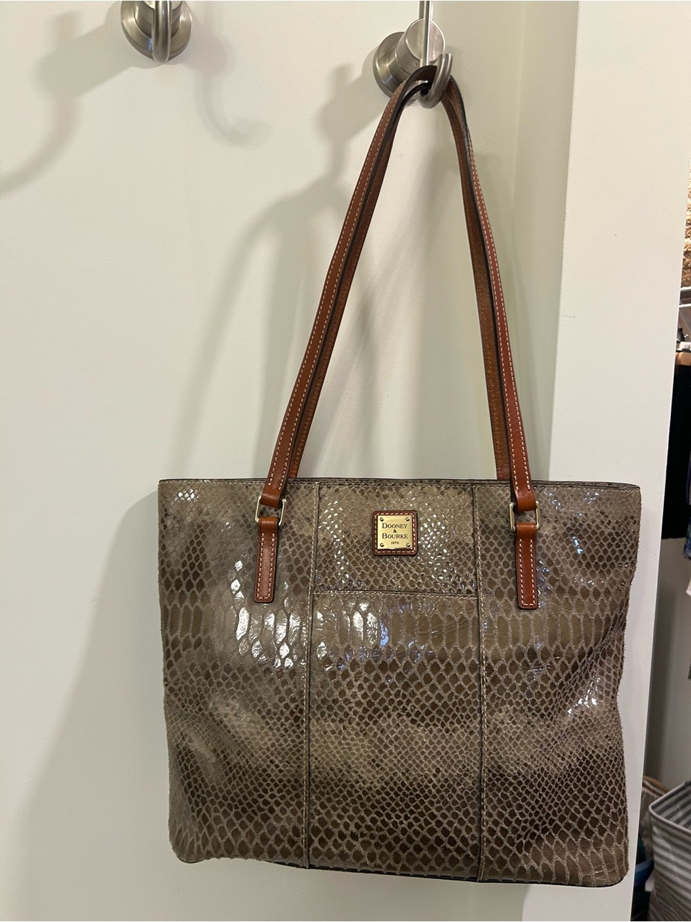 Vintage Dooney & Bourke Taupe Brown Patent Snake-Print Tote with Contrast Straps